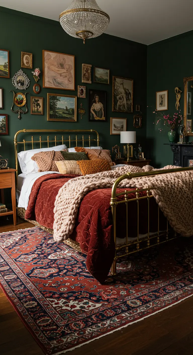 Eclectische slaapkamer met donkergroene muren, gallery wall en veel zachte plaids.
