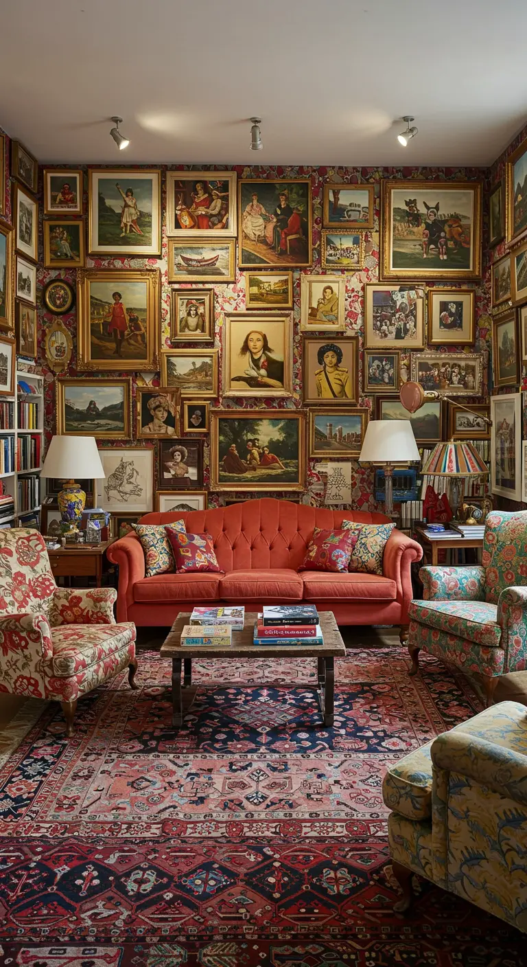 Maximalistische woonkamer met muren vol kunst en rode bank.