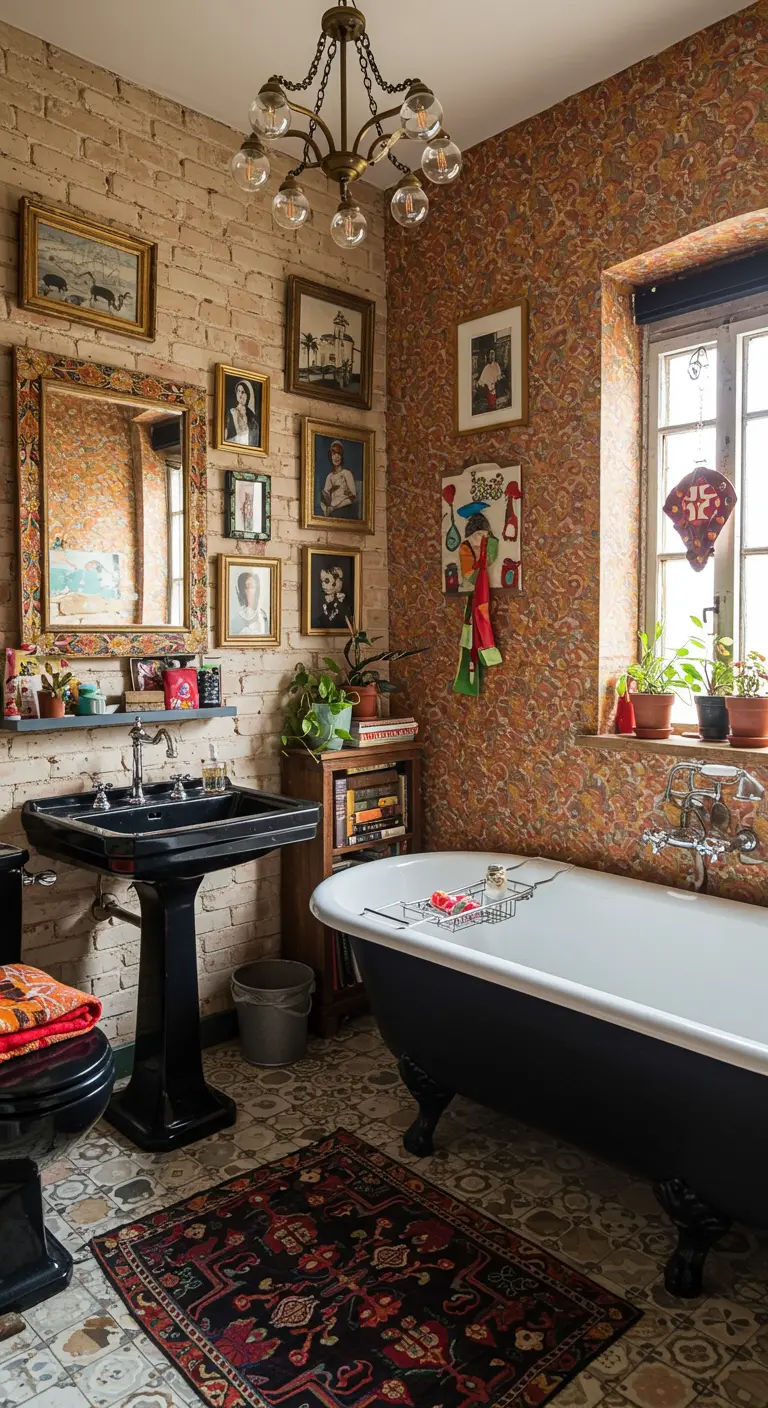 Eclectische badkamer met zwart bad en wastafel, baksteen, kunst en kleurrijk behang.
