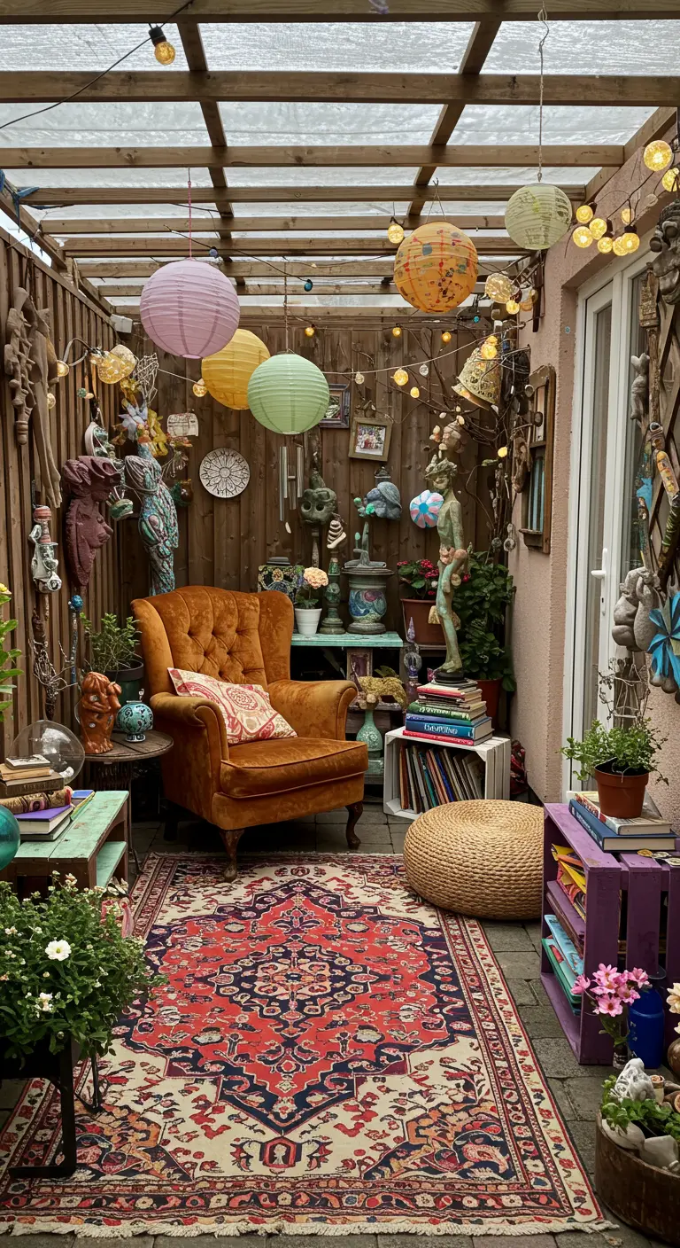 Kleurrijke, eclectische overdekte patio met fluwelen fauteuil, Perzisch tapijt en lampionnen.