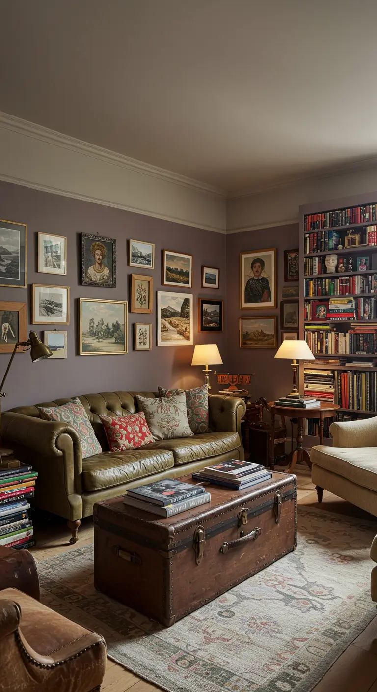 Eclectische woonkamer met paarsachtige ondermuur en een volle gallery wall.