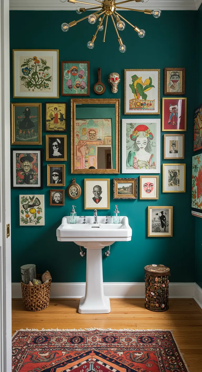 Witte wastafel op zuil tegen een donkergroene muur vol met diverse ingelijste kunstwerken.