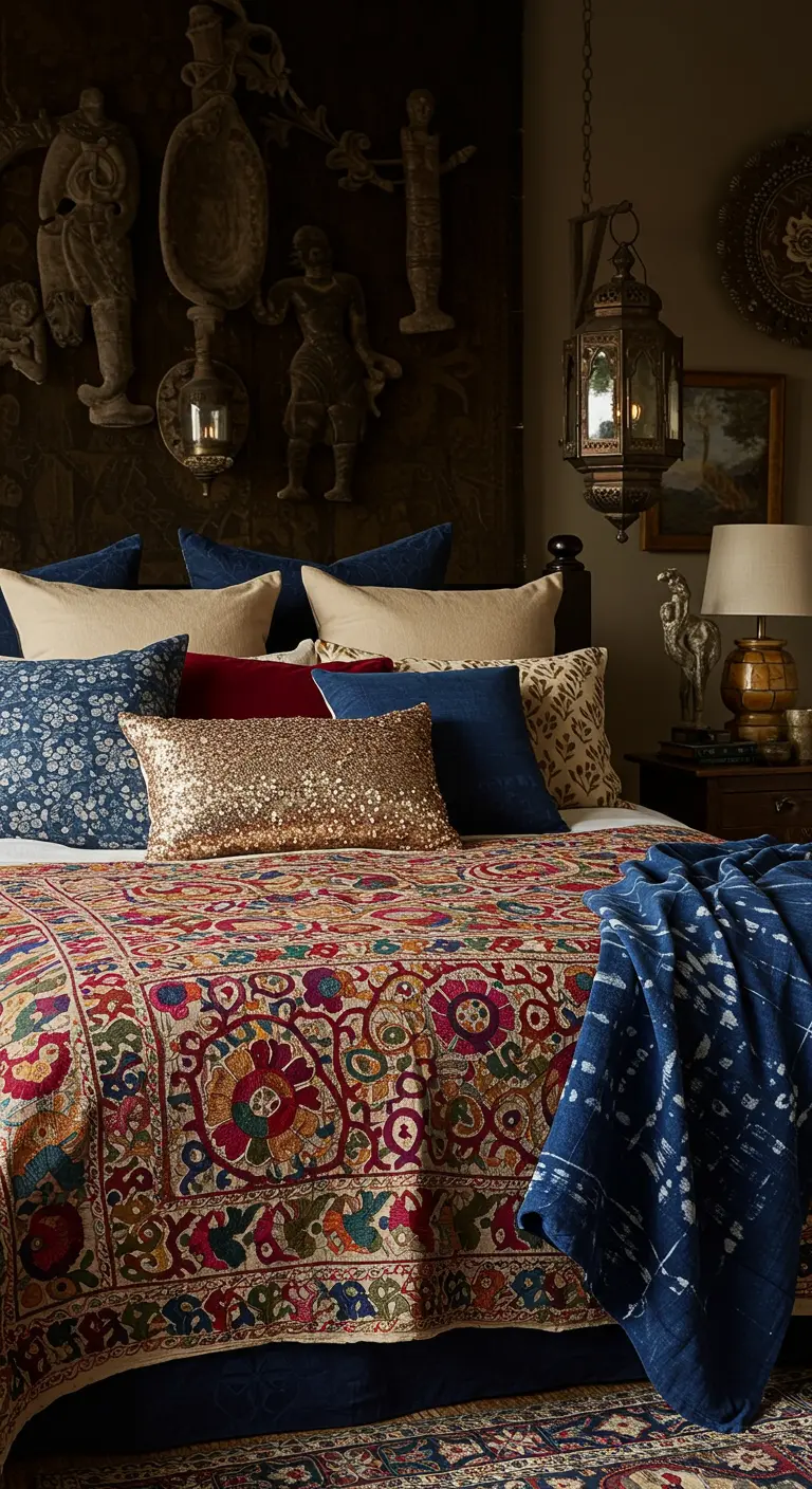 Eclectisch bed met kleurrijke geborduurde sprei, diverse kussens waaronder een met pailletten.
