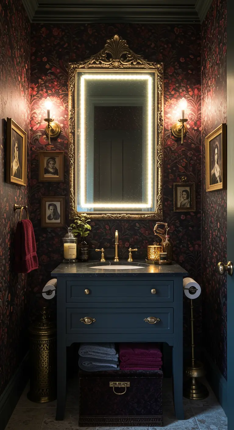 Eclectische badkamer met een verlichte spiegel met gouden lijst tegen donker bloemenbehang.