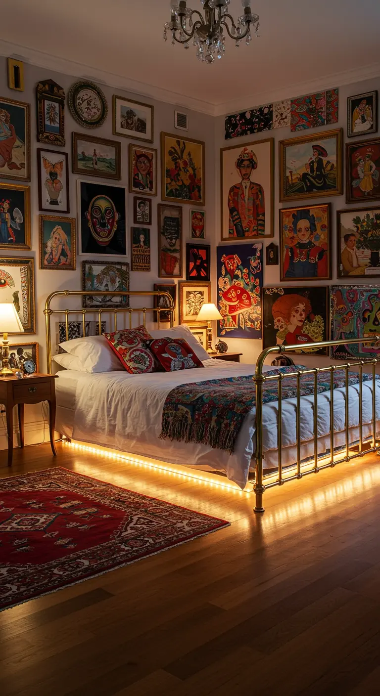 Eclectische slaapkamer vol kunst aan de muur, met een metalen bed en warme LED-verlichting eronder.