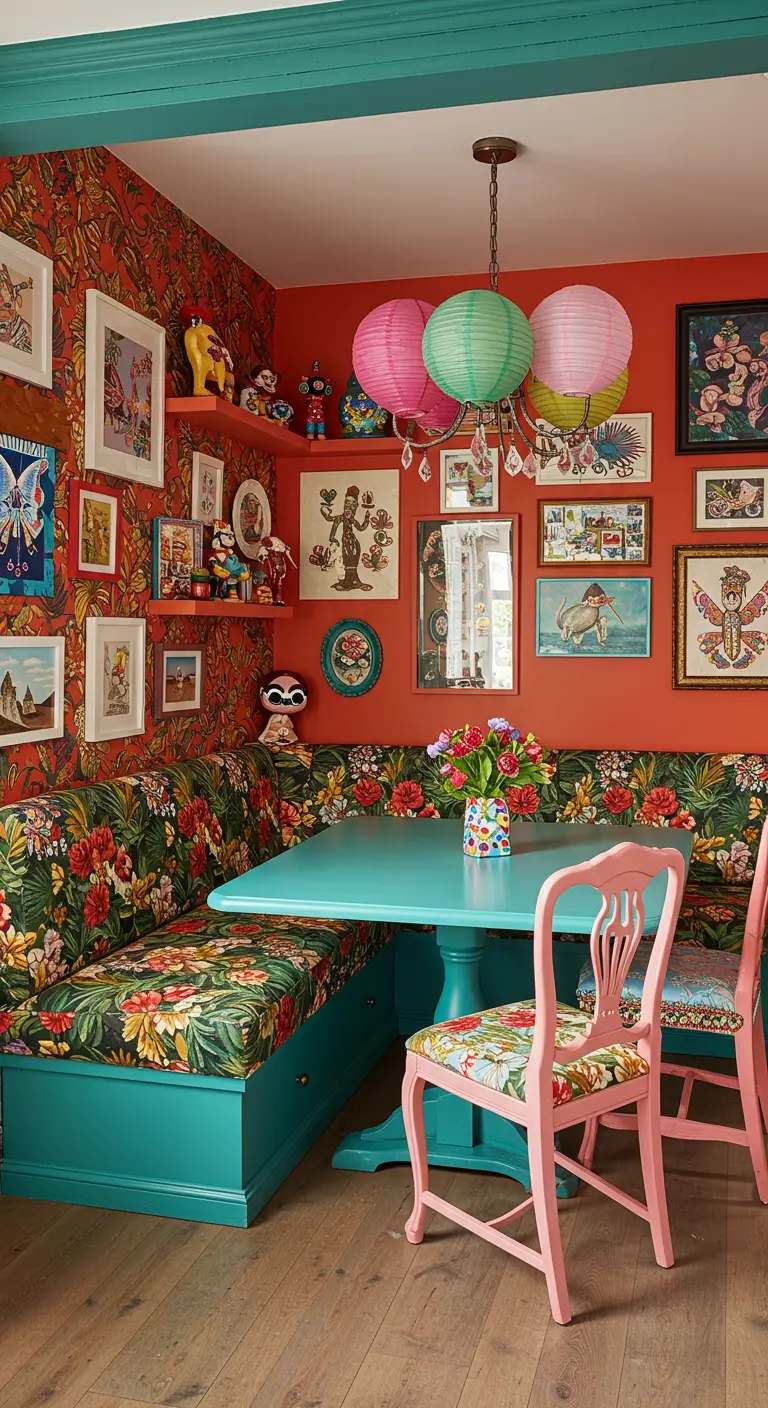 Kleurrijke eclectische eethoek met bloemenprint bank, turquoise tafel en gallery wall.