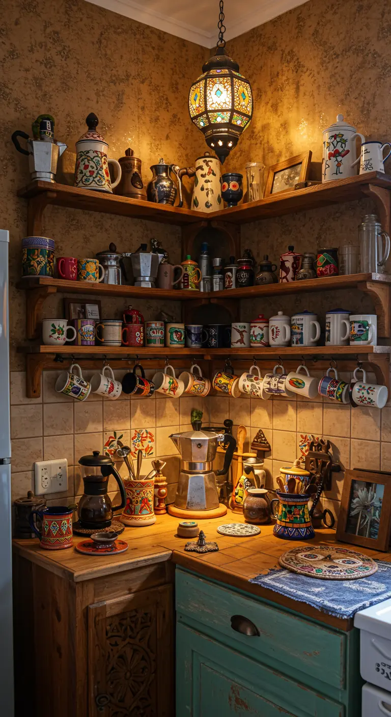 Eclectische koffiecorner met veel kleurrijke mokken, diverse koffiepotten en een Marokkaanse lamp.