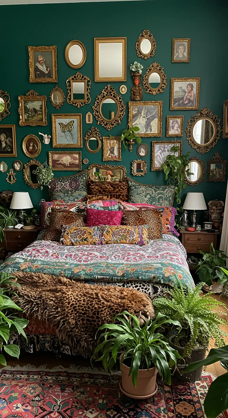Eclectische slaapkamer met donkergroene muur en een gallery wall van gouden lijsten.