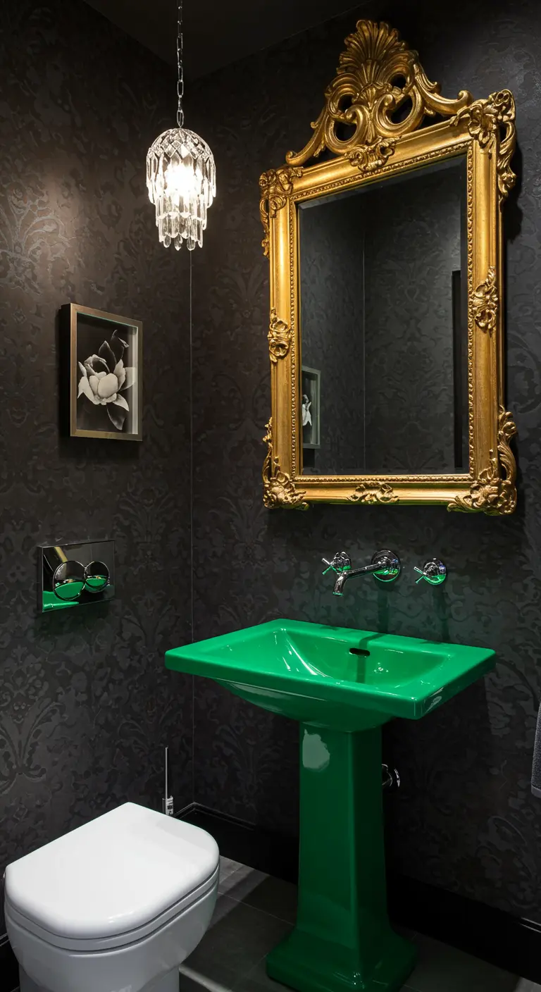 Toiletruimte met glanzend groene wastafel, donkergrijs behang en gouden spiegel.