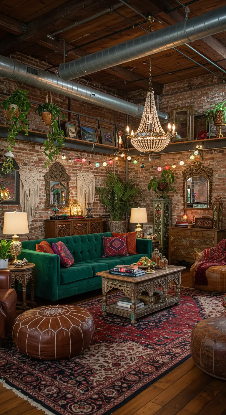Bohemian woonkamer met smaragdgroene bank, bakstenen muur, veel planten en Perzisch tapijt.