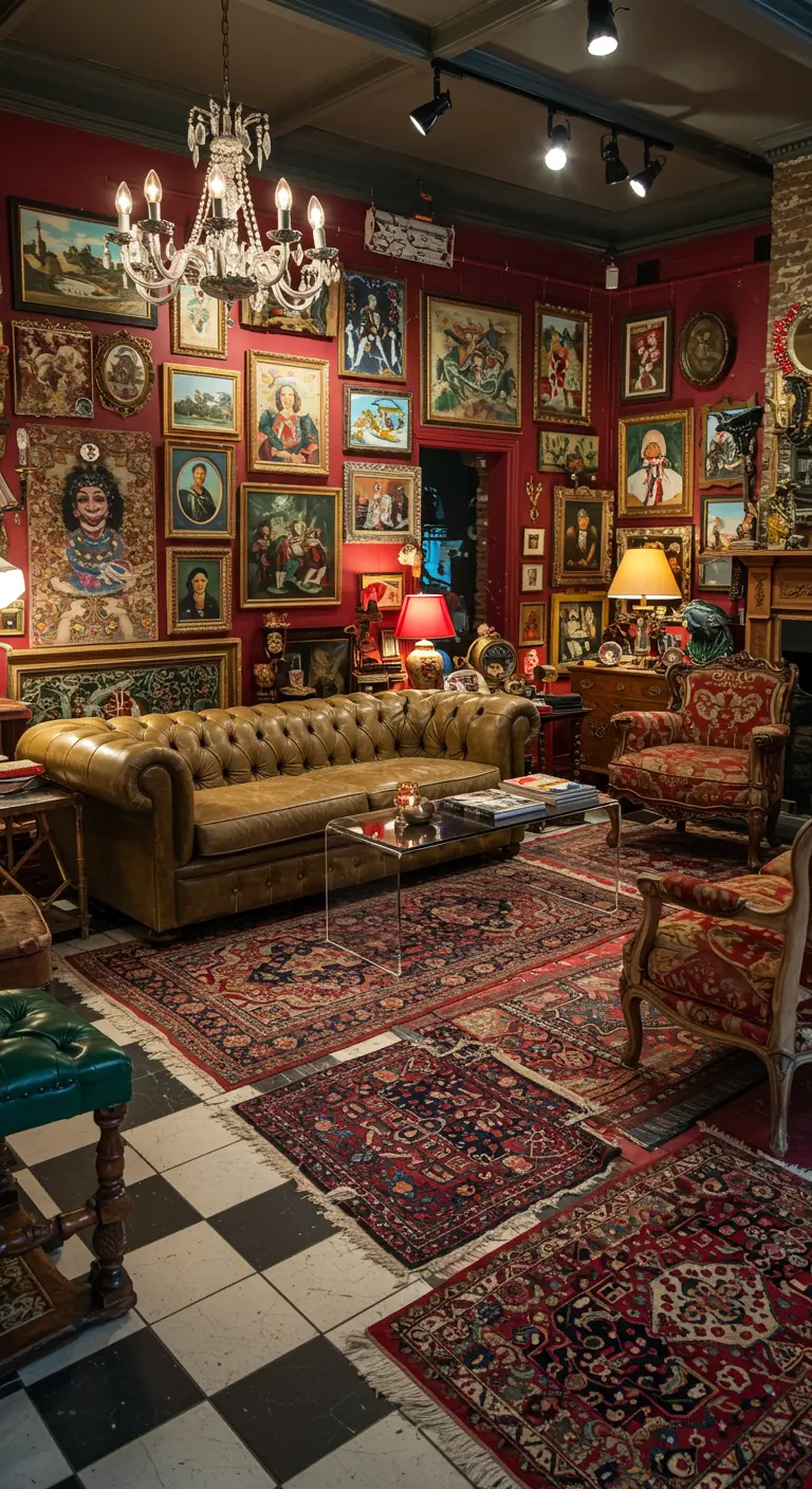 Eclectische kamer met zwart-wit geblokte tegelvloer en daarop Perzische tapijten.