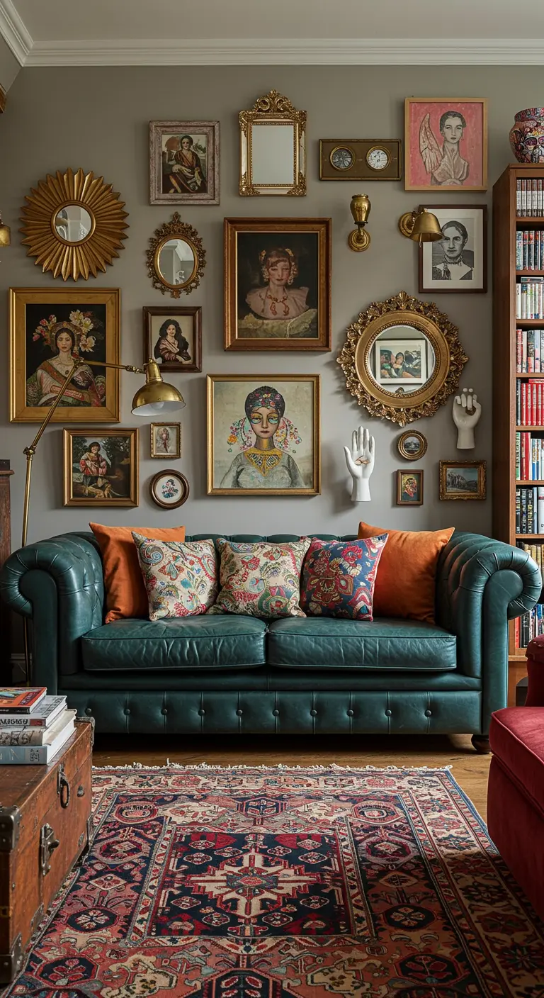 Eclectische woonkamer met een donkergroene Chesterfield bank en een gallery wall met diverse wandlampjes.