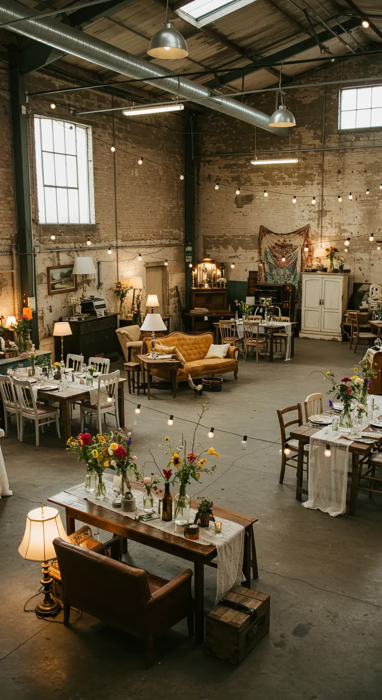 Industriële hal ingericht met vintage meubels, lichtsnoeren en diverse tafels.
