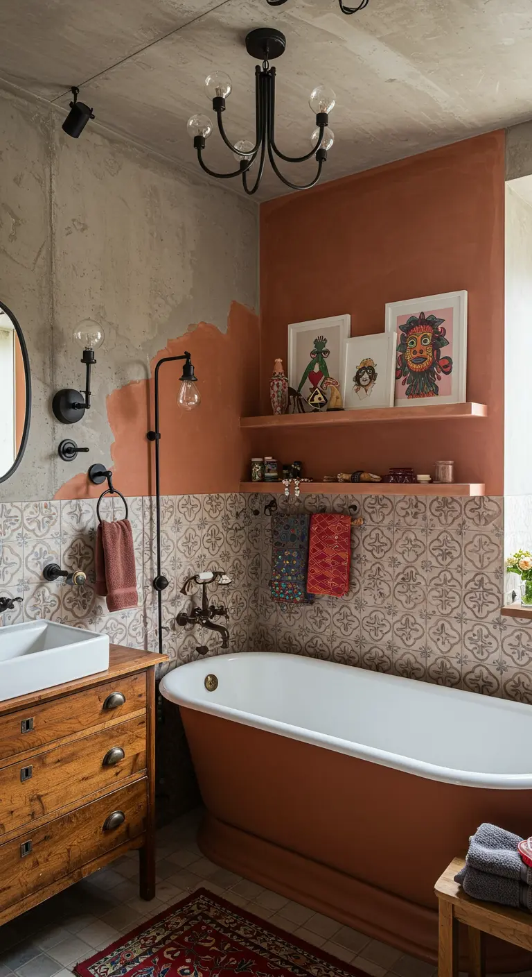 Eclectische badkamer met oranje accentmuur, patroontegels, en kunst aan de muur.