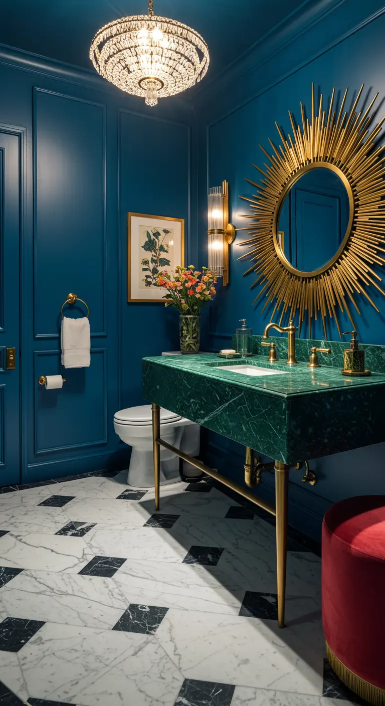 Eclectische badkamer met blauwe muren, groen marmeren wastafel en gouden sunburst spiegel.