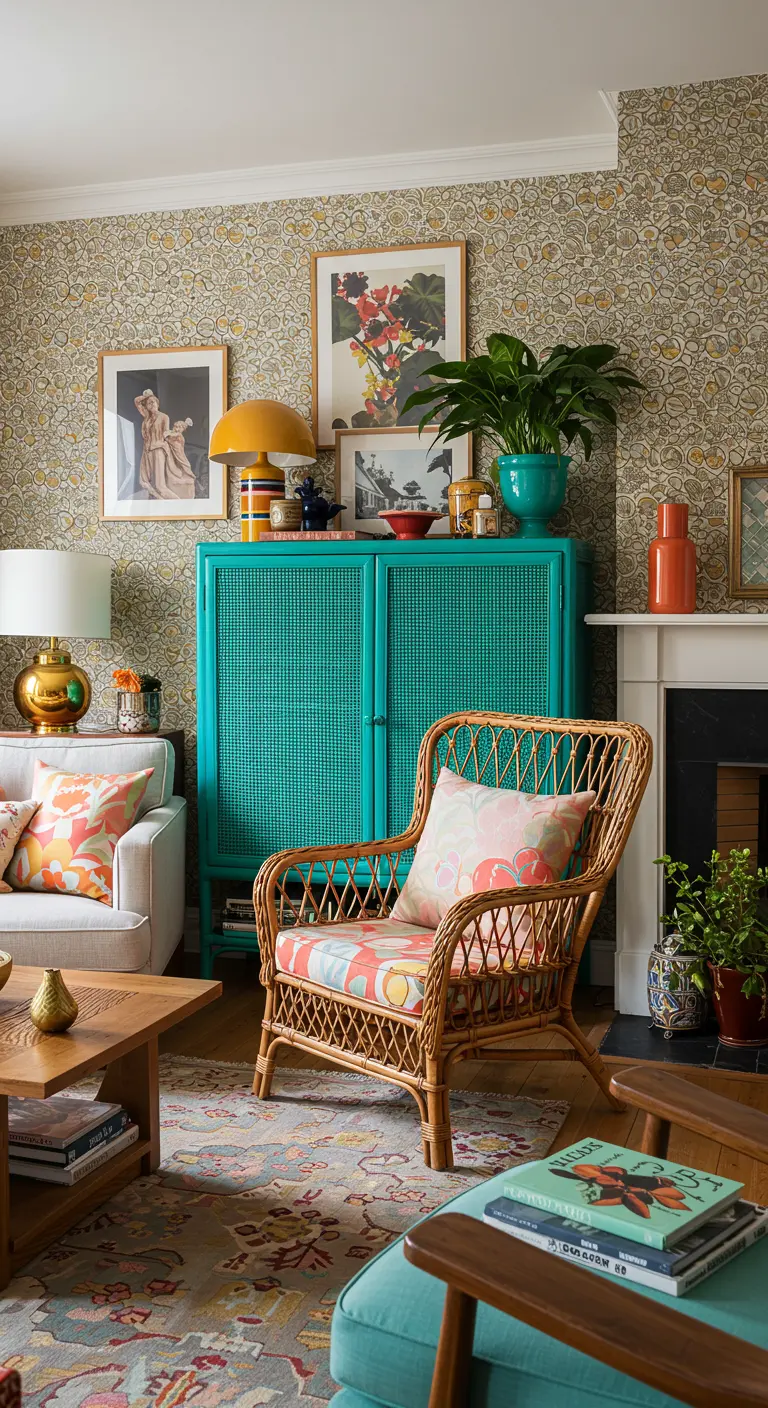 Eclectische woonkamer met een fel turkoois geverfd rotan kastje en een fauteuil met bloemenprint.
