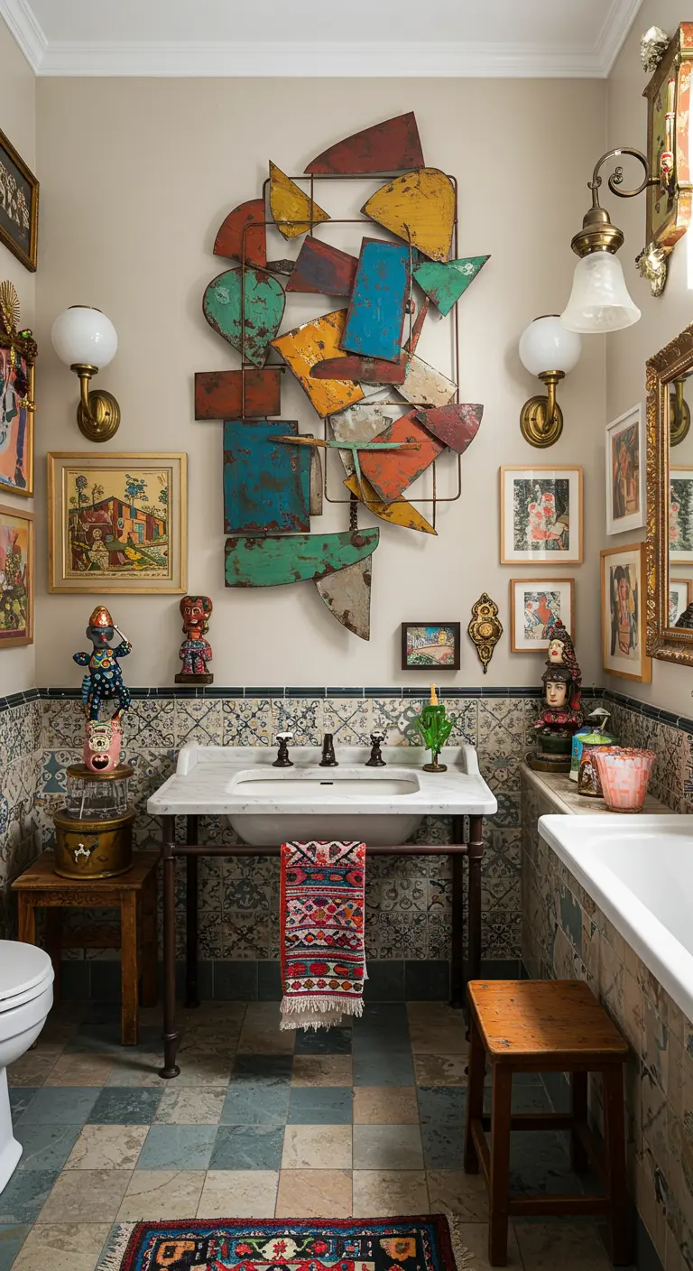 Eclectische badkamer met een groot abstract metalen wandsculptuur en diverse kleinere kunstwerken.