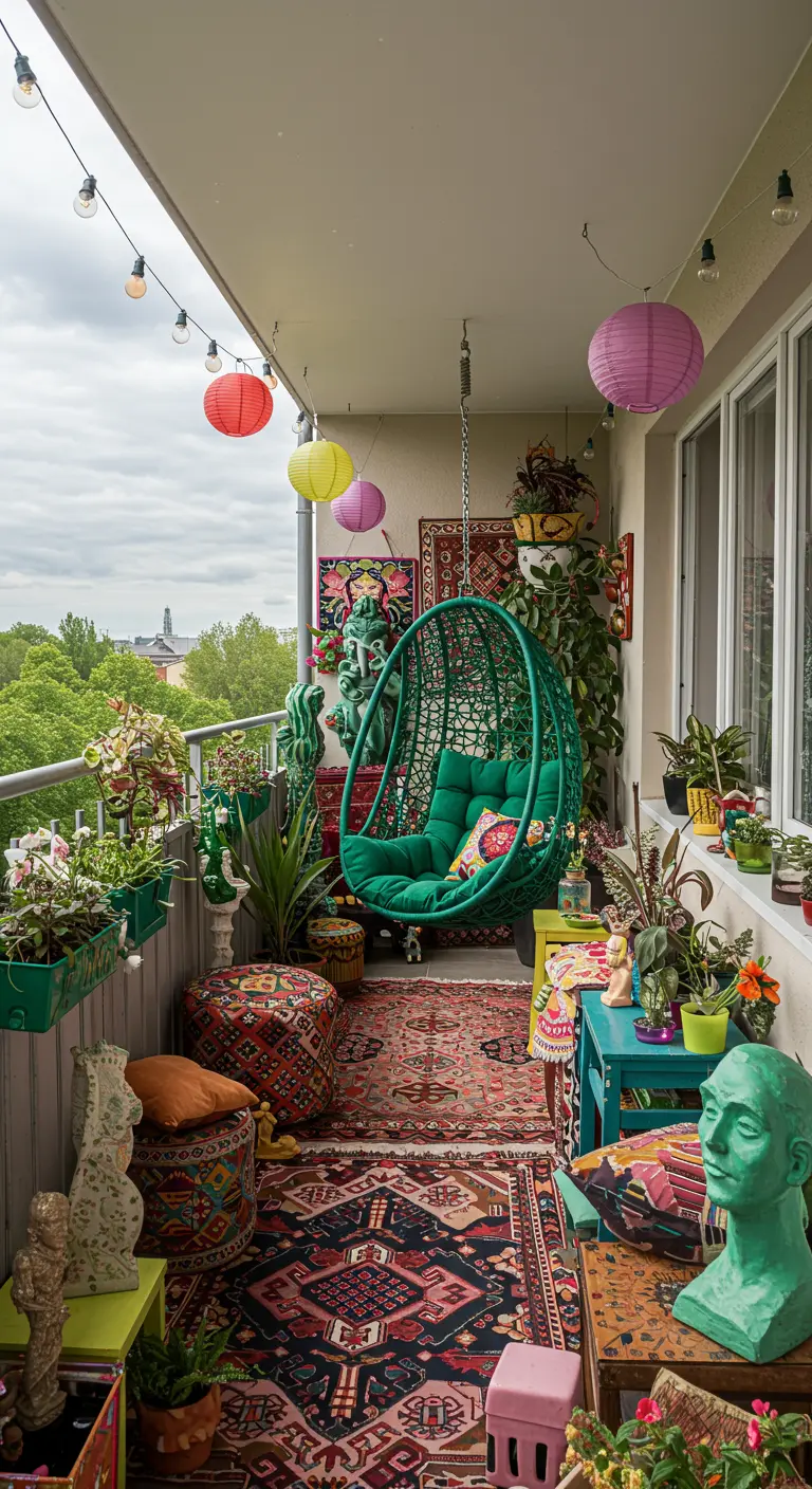 Sfeervol balkon 23 met groene hangstoel, veel kleden en kleurrijke decoratie