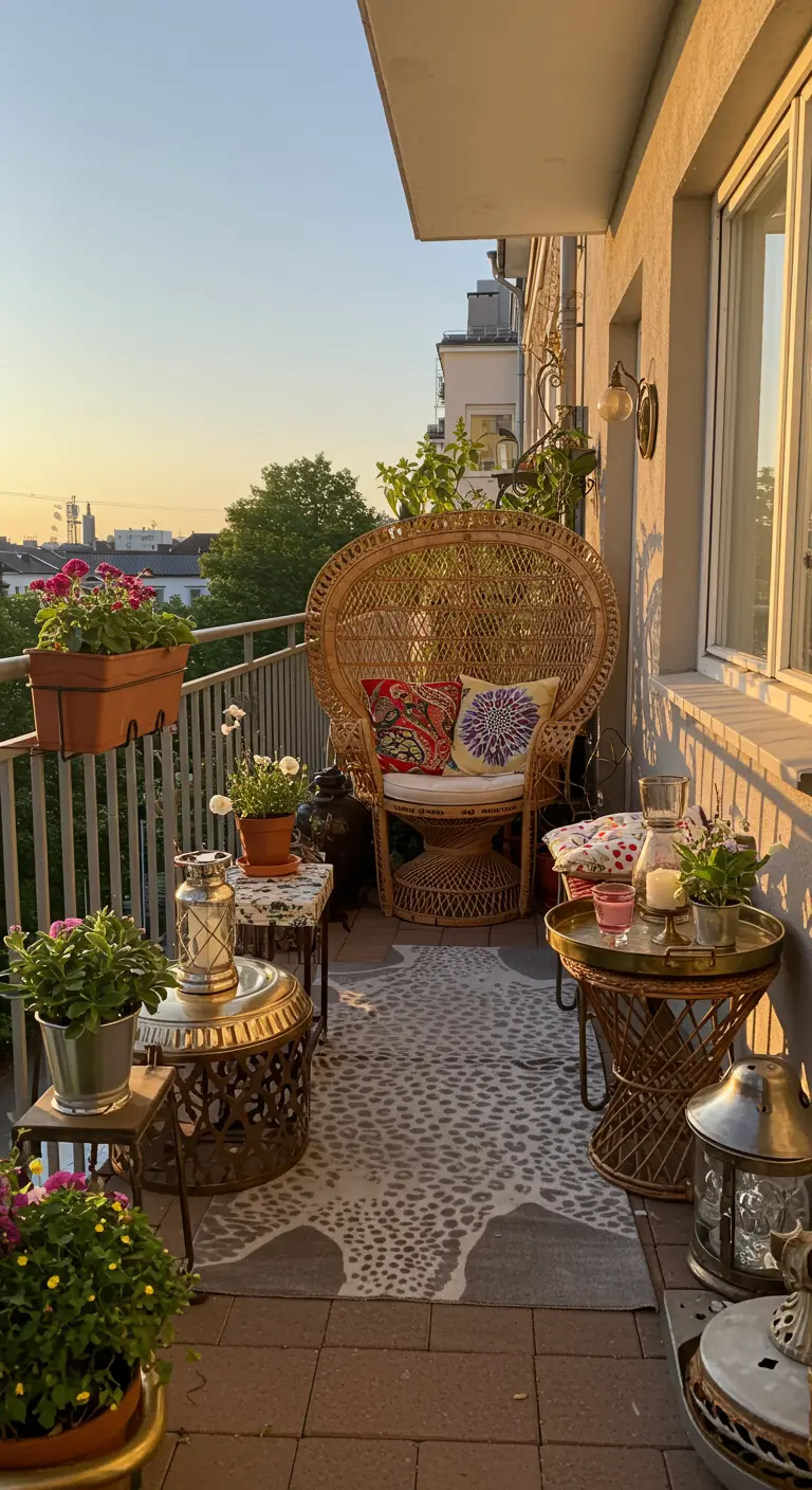 Eclectisch balkon met dierenprint buitenkleed en rotan pauwenstoel.