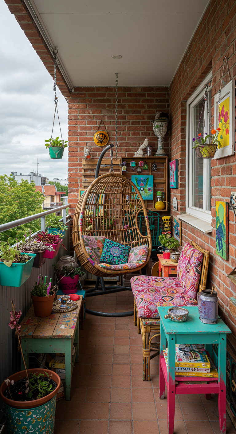 Kleurrijk balkon met rotan hangstoel, vintage meubels, veel planten en kunst.