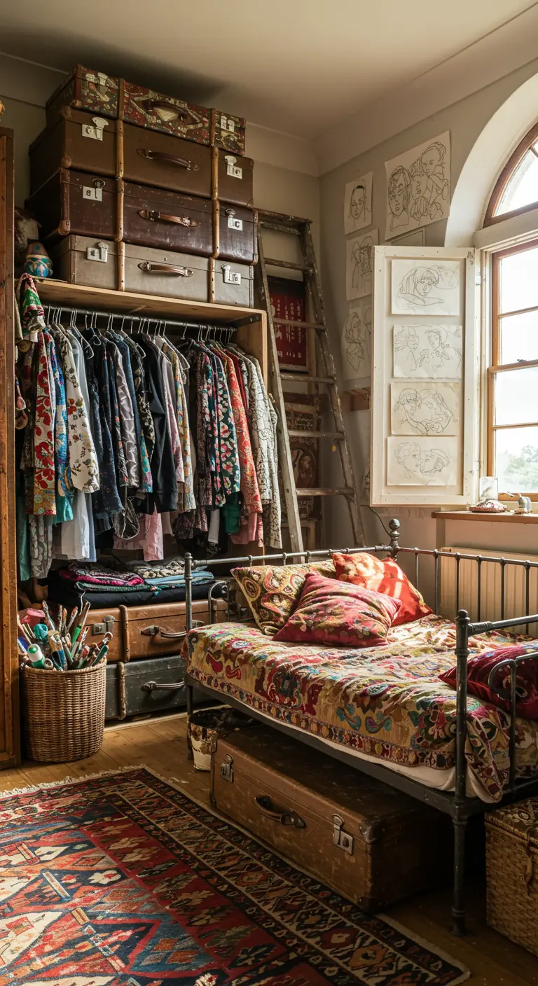 Eclectische slaapkamer met open kast vol kleurrijke kleding en vintage koffers erbovenop.