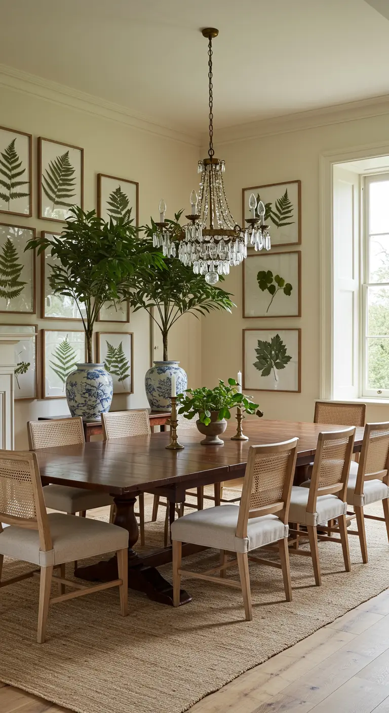 Eclectische eetkamer met bloemenkunst aan de muur, bloemenprint tafel, diverse gekleurde stoelen en bloemenvazen.