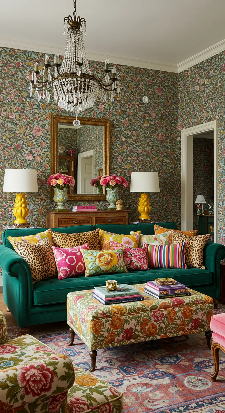 Groene bank vol met felgekleurde en wild geprinte kussens in een eclectische woonkamer.