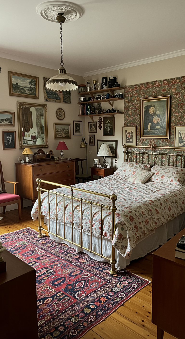 Eclectische slaapkamer met messing bed, gallery wall, vintage meubels en veel decoratie.
