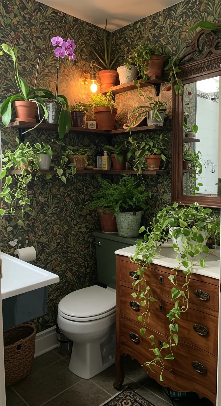Eclectische badkamer met bloemenbehang, vintage meubels en vele planten op planken