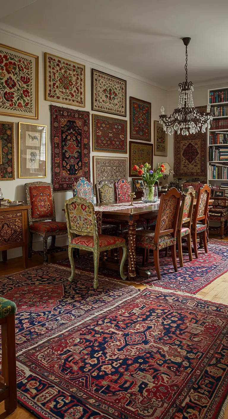 Eclectische eetkamer met een gallery wall van wandkleden en gelaagde Perzische tapijten.