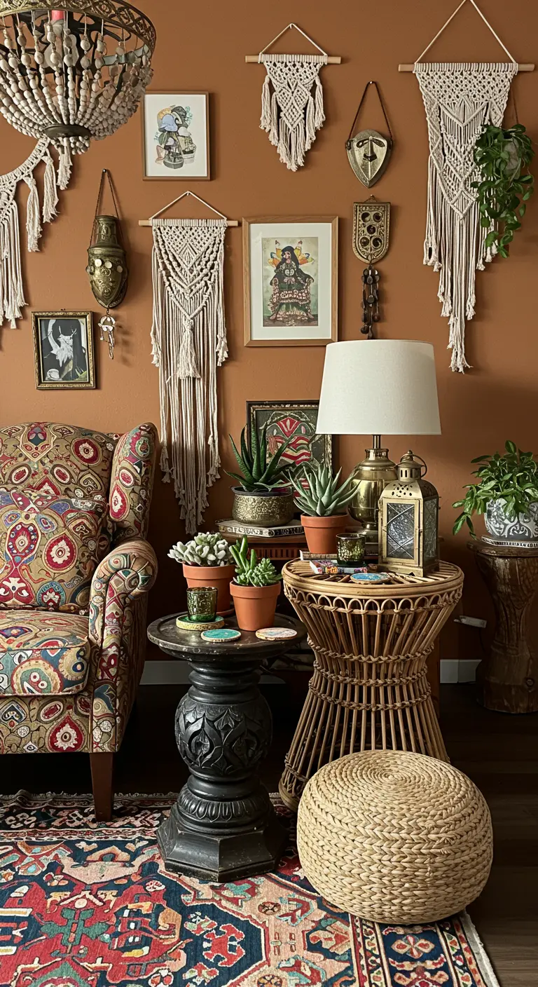 Groepje diverse bijzettafels in bohemian stijl met planten en decoratie.