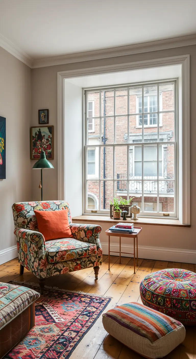 Fauteuil met bloemenprint bij raam, kleurrijke poefs en kussens, eclectische stijl.