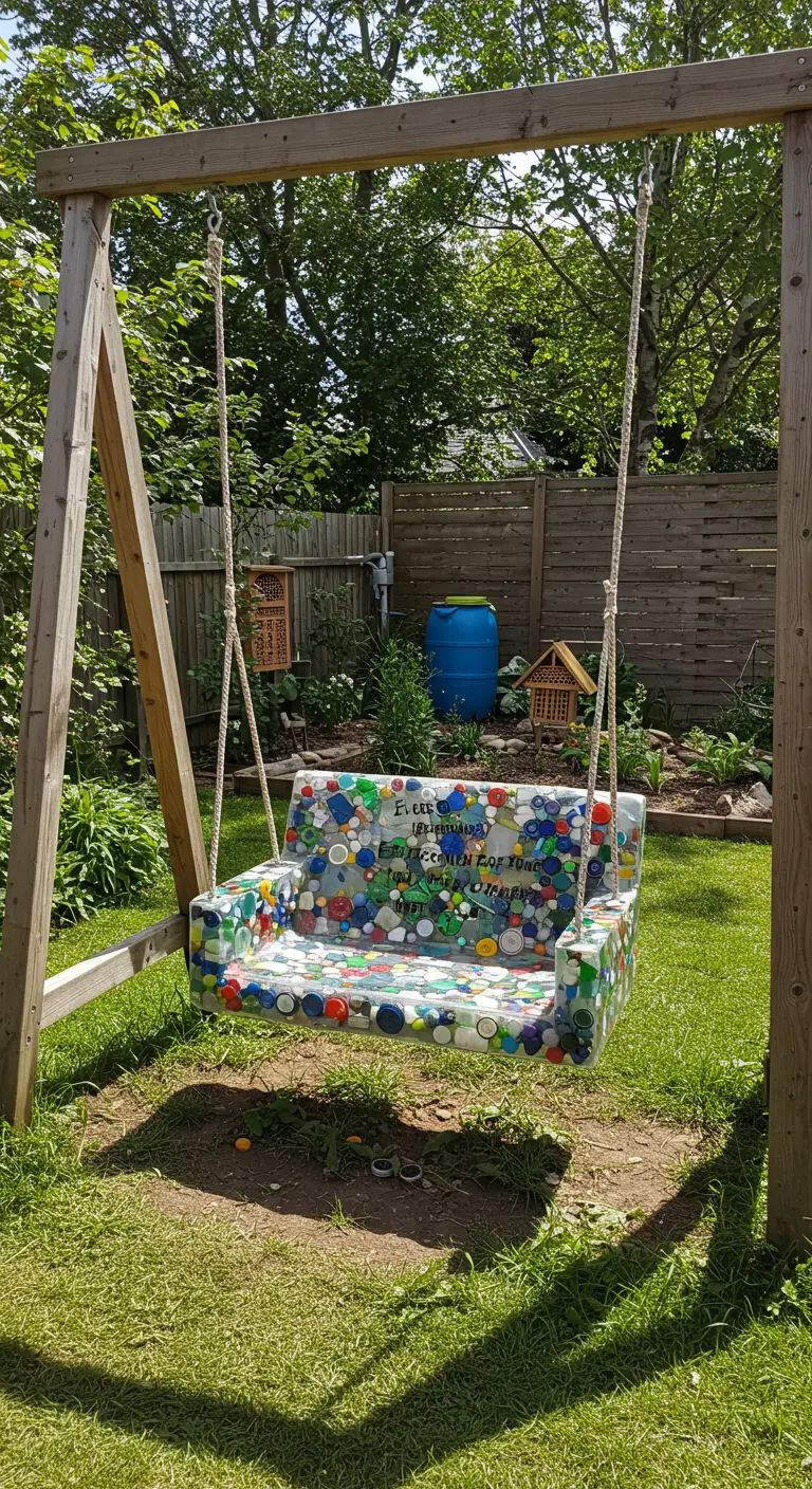 DIY schommelbank gemaakt van kleurrijke plastic flessendoppen in een tuin.
