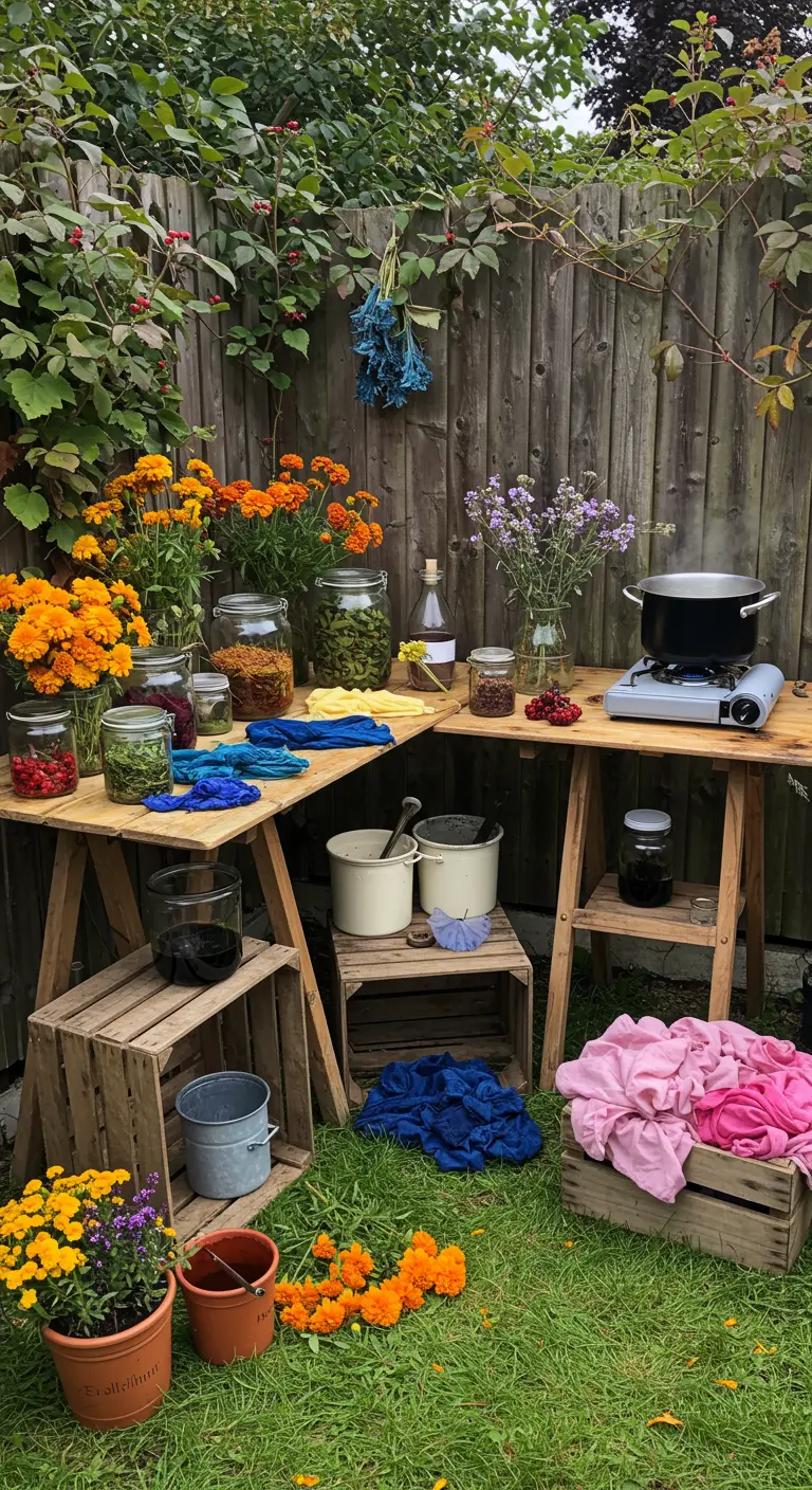 Buitenwerkplek voor natuurlijk verven met planten, potten, stoffen en een gaspitje in de tuin.