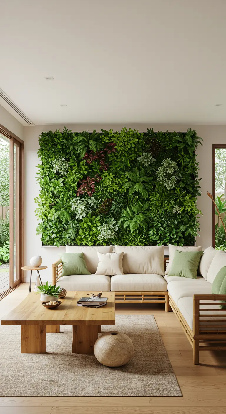 Moderne woonkamer met een grote, weelderige verticale plantenmuur achter een lichte bank.