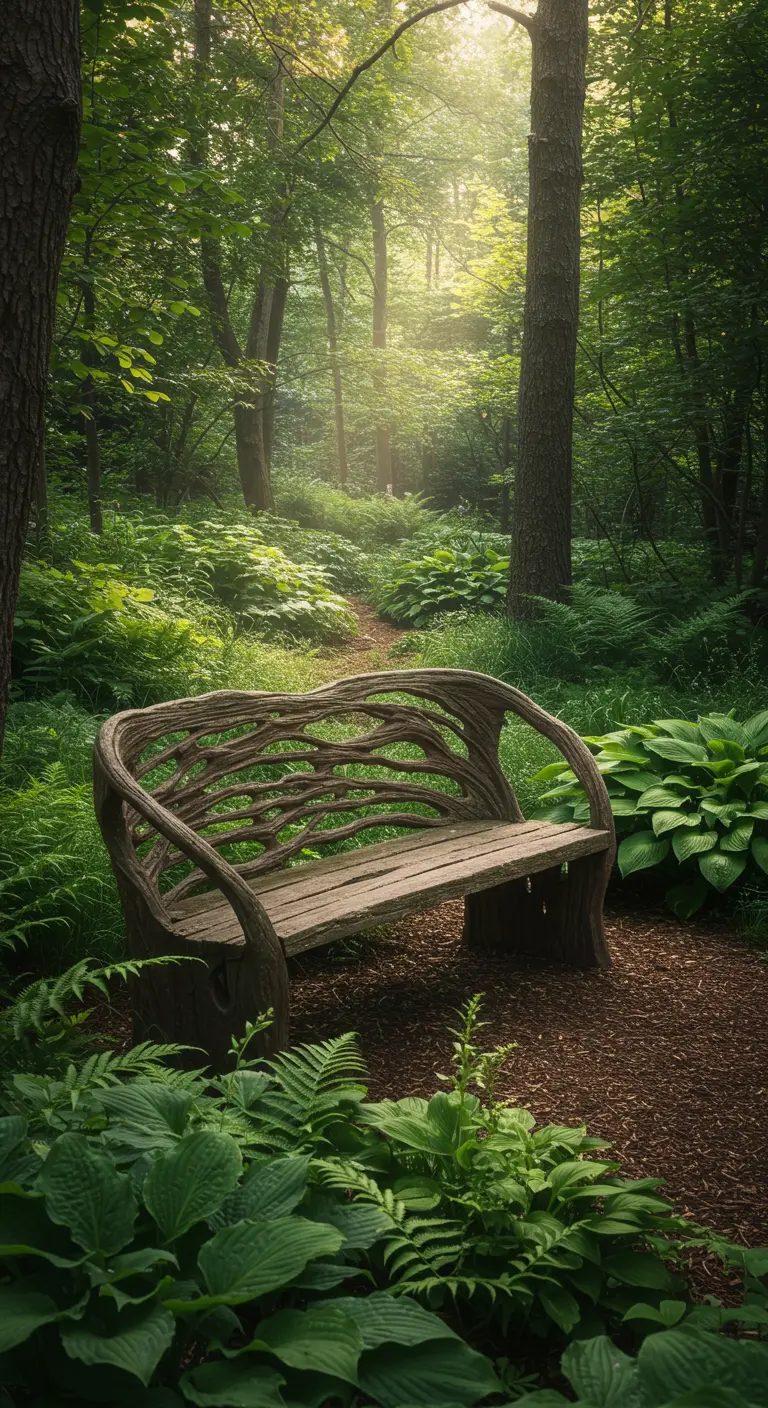 Houten tuinbank met organische, golvende vormen, geplaatst in een bosrijke omgeving.