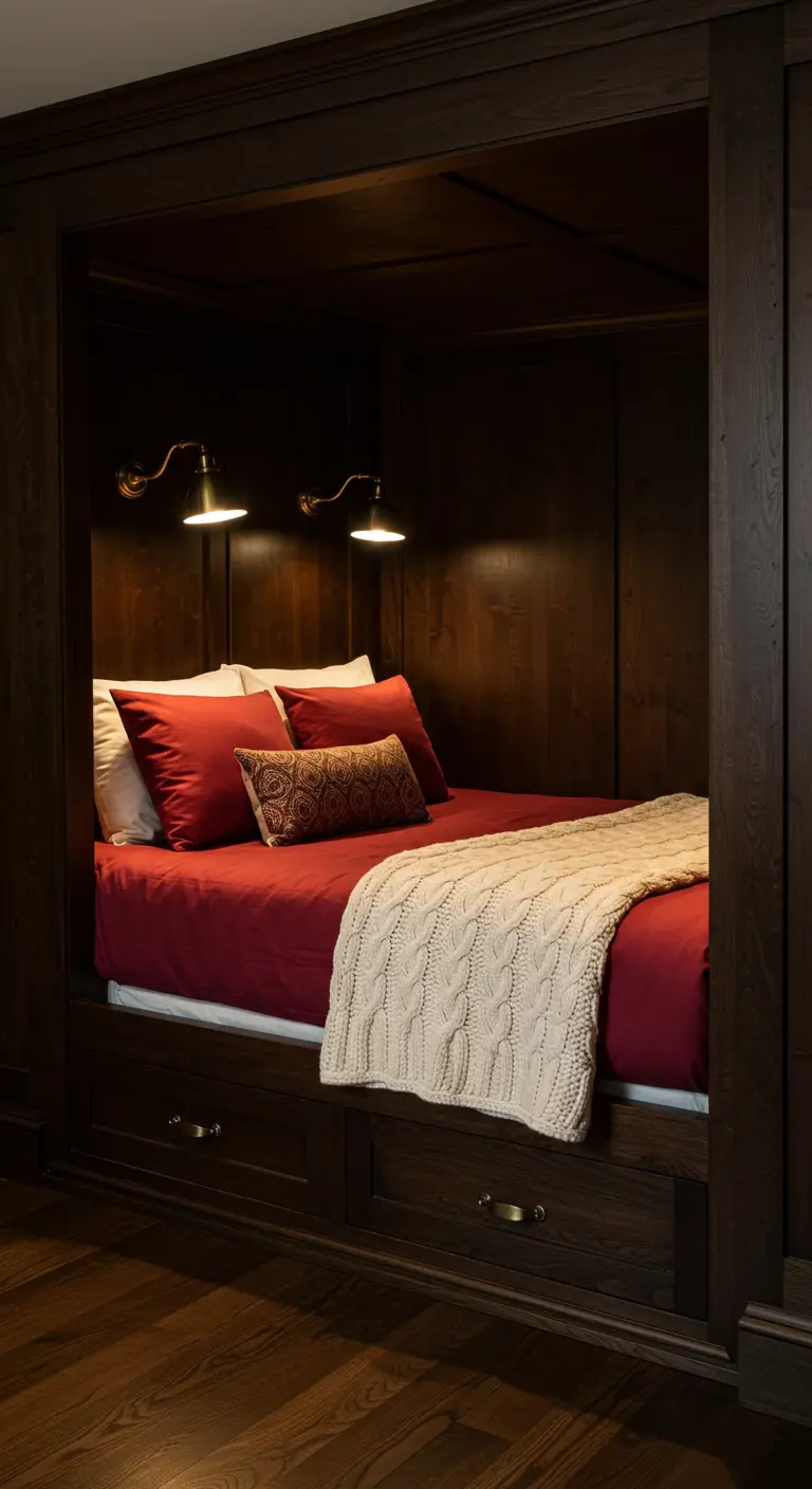 Knusse bedstee van donker hout met rood beddengoed en warme wandlampjes.