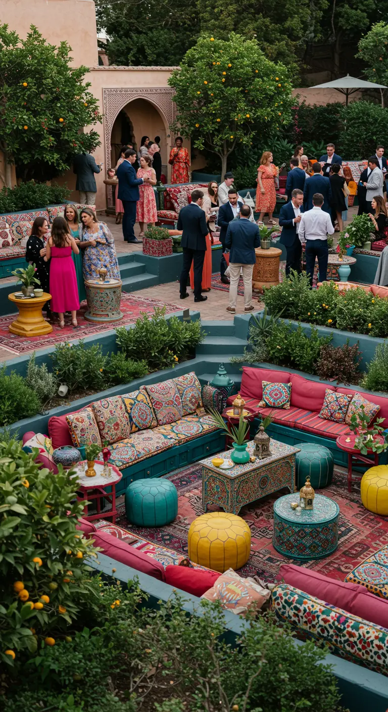 Luxe Moorse loungehoek in tuin met kleurrijke kussens en poefs