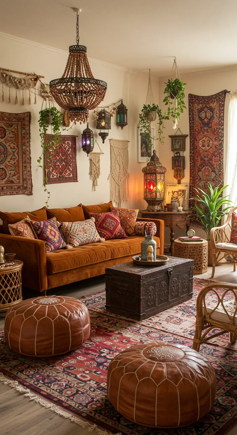 Bohemian woonkamer met terracotta bank, kelims en lantaarns.