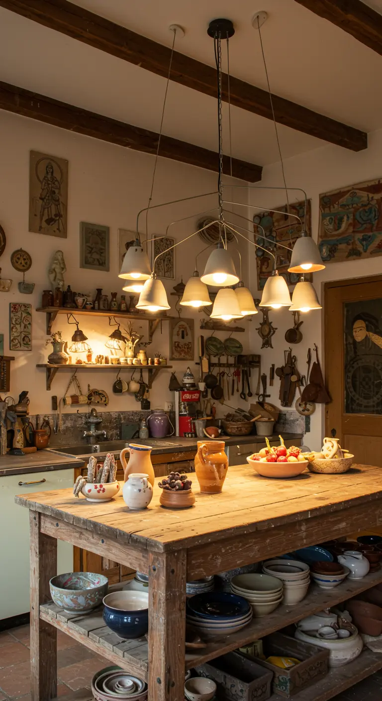 Rustieke keuken met een cluster van diverse kleine hanglampen boven een houten eiland.