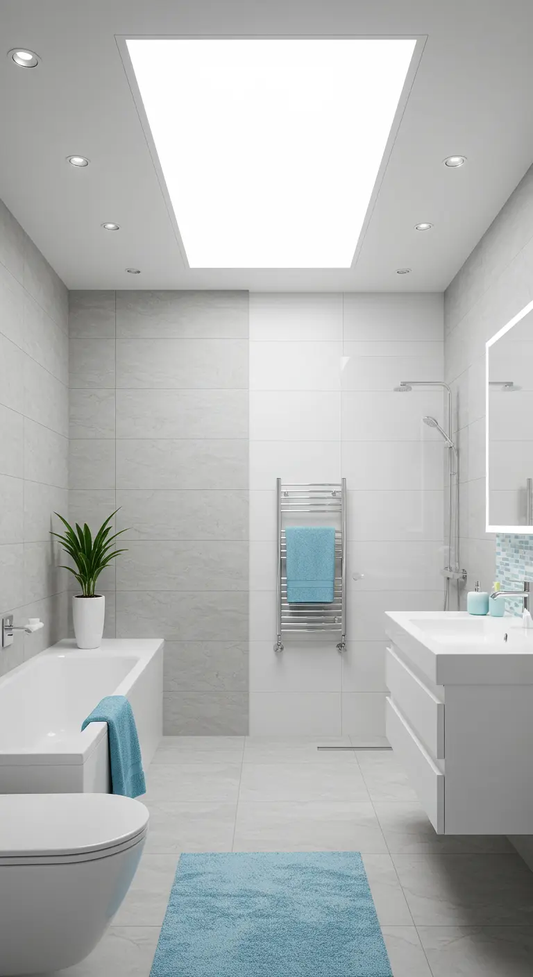 Badkamer met groot LED-lichtpaneel in plafond en blauwe accenten.