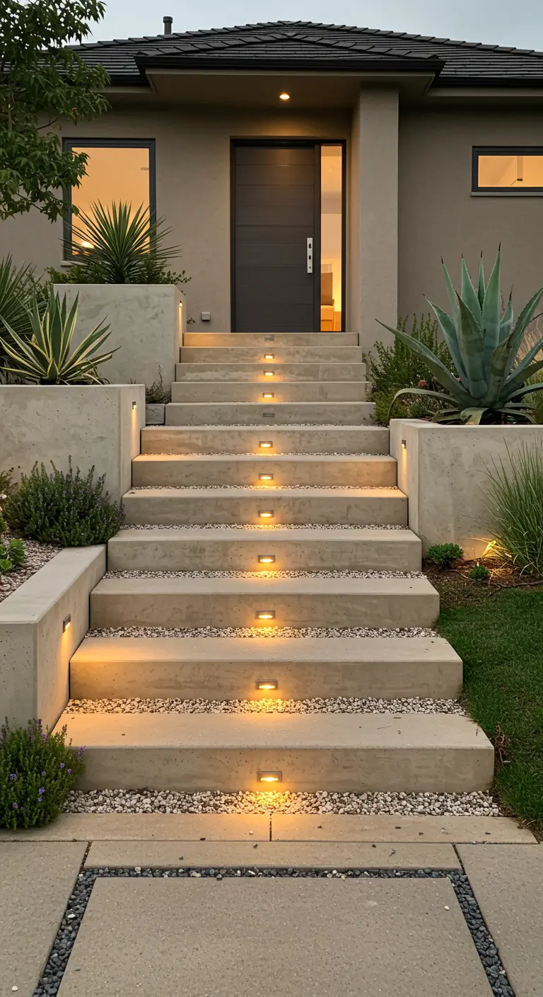 Moderne betonnen trap naar entree, met verlichting in de treden en plantenbakken.