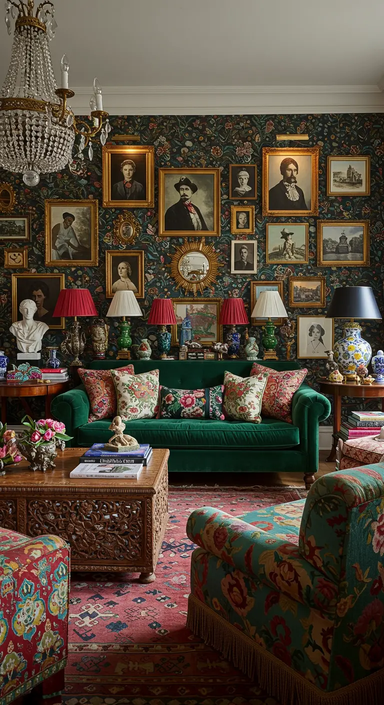 Maximalistische woonkamer met donker bloemenbehang, groene fluwelen bank en overvolle gallery wall.