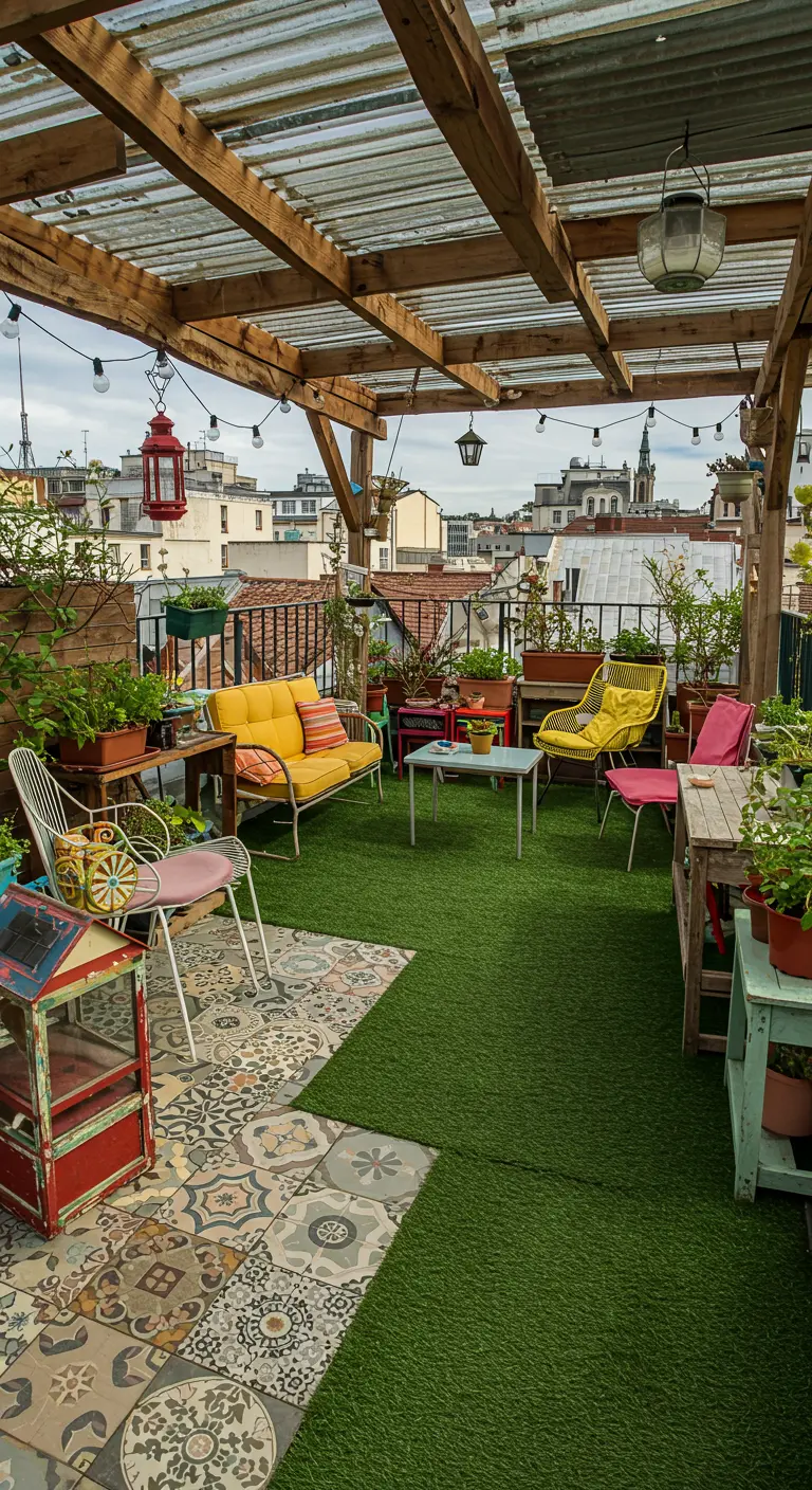 Eclectische daktuin met houten pergola, kunstgras, kleurrijke meubels, mozaïek en lampionnen.