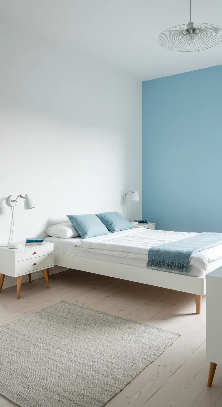 Minimalistische slaapkamer met witte muren en een lichtblauwe accentmuur.
