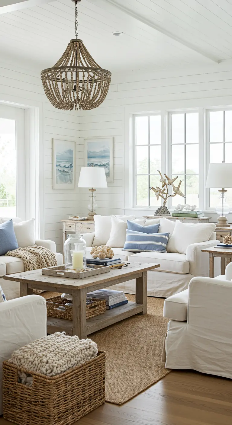 Lichte woonkamer in coastal stijl met witte meubels, blauwe accenten en houten details.
