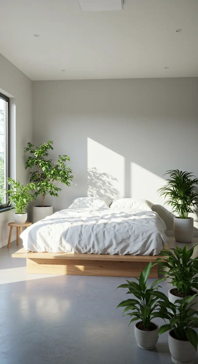 Japandi slaapkamer met laag houten bed en veel groene planten in witte potten.