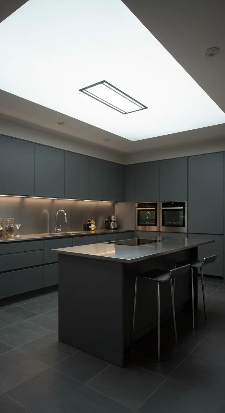 Donkergrijze moderne keuken met een groot, egaal lichtgevend plafondpaneel.