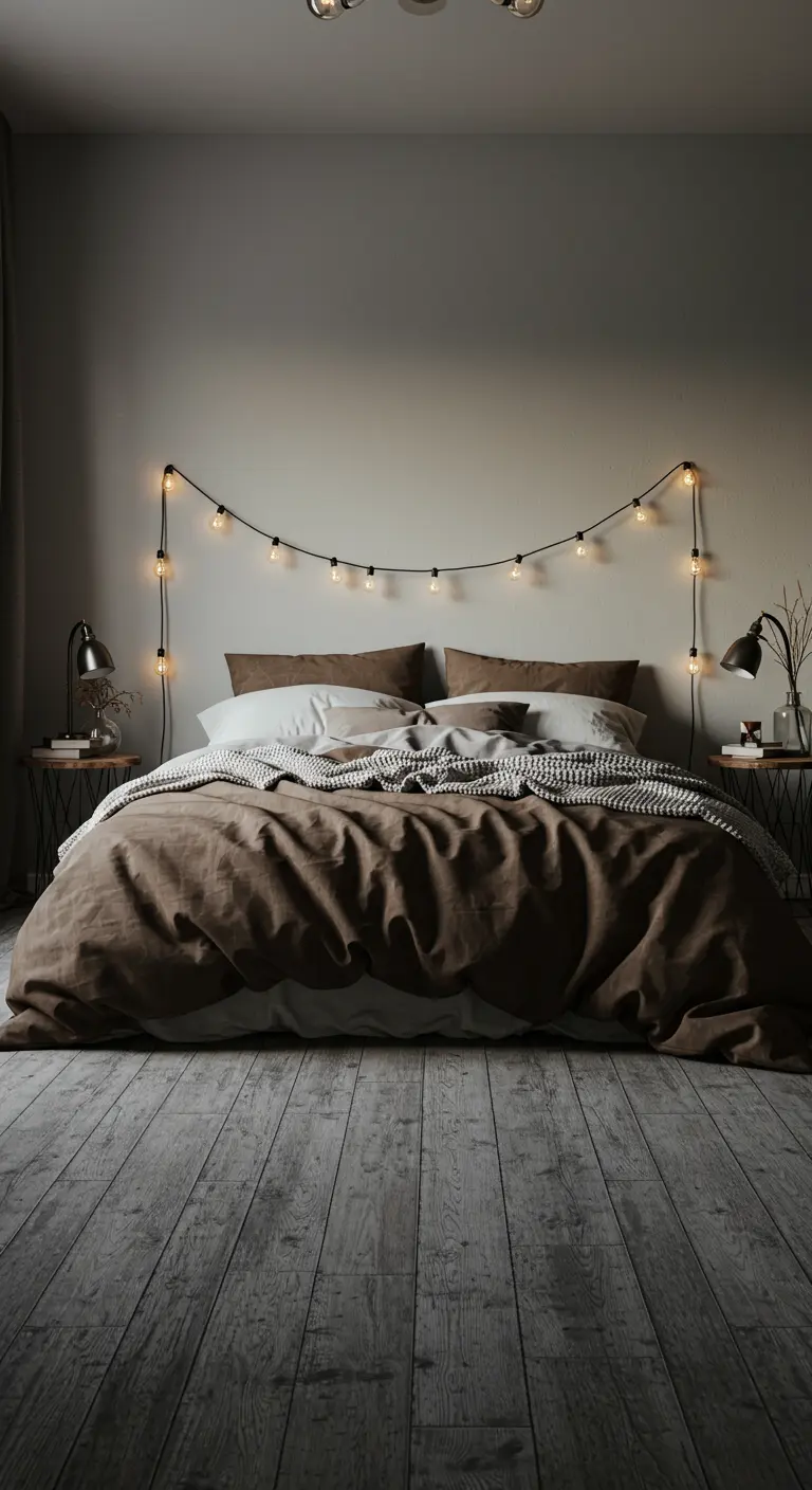 Slaapkamer met een lichtsnoer boven het bed als hoofdbord en beddengoed in bruintinten.