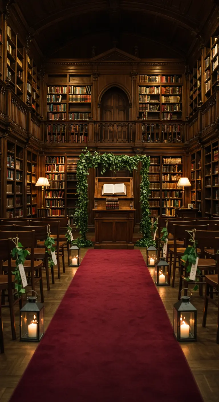 Trouwceremonie in bibliotheek met groene guirlande, rode loper en lantaarns.